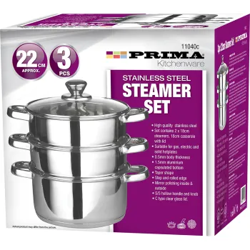 22cm 3pc S/S Steamer with Glass Lid