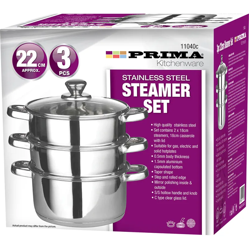 22cm 3pc S/S Steamer with Glass Lid