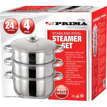 4pc 24cm 3 Tier S/S Steamer Set with Glass lid