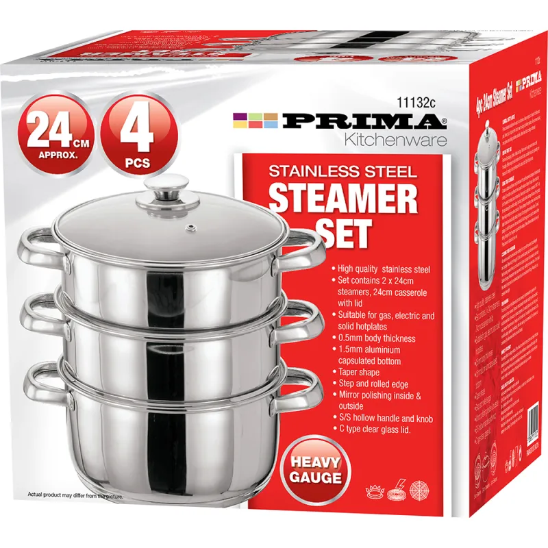 4pc 24cm 3 Tier S/S Steamer Set with Glass lid