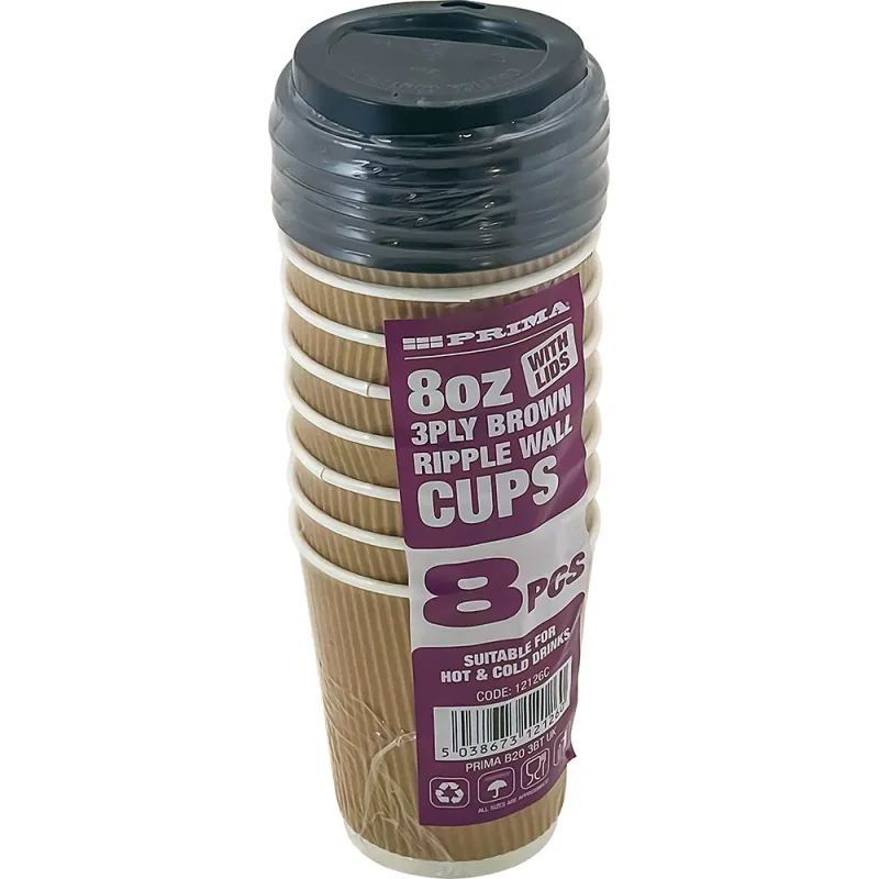 8PC - 8Oz Ripple Wall Cup with lid (Brown)