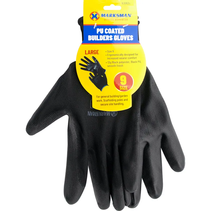 Size 9 Black PU Coated Builder Gloves - L